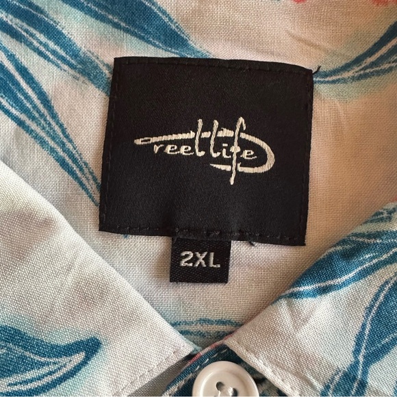 Reel Life 2XL Tropical Floral Hibiscus Button Down Shirt - Teal/Salmon - Picture 3 of 8